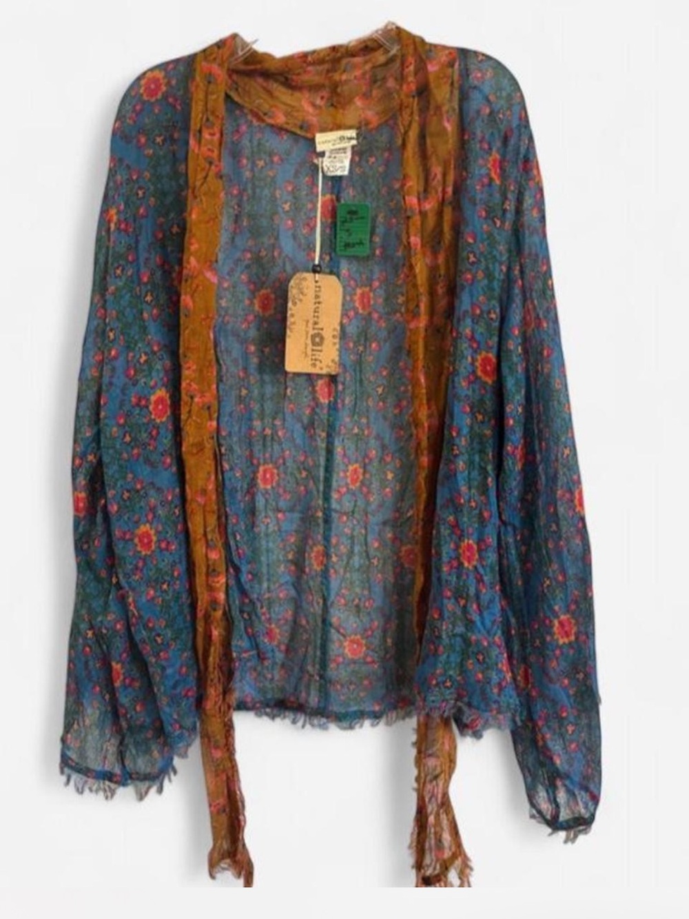 NATURAL LIFE Blue Floral Sheer Kimono with Orange Trim